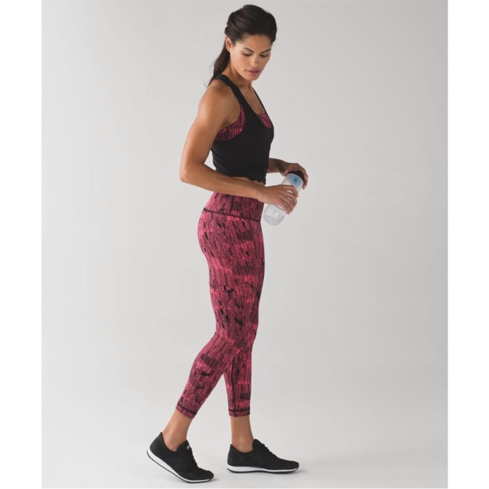 Lululemon Down Pour Electric Coral Black Leggings NWOT